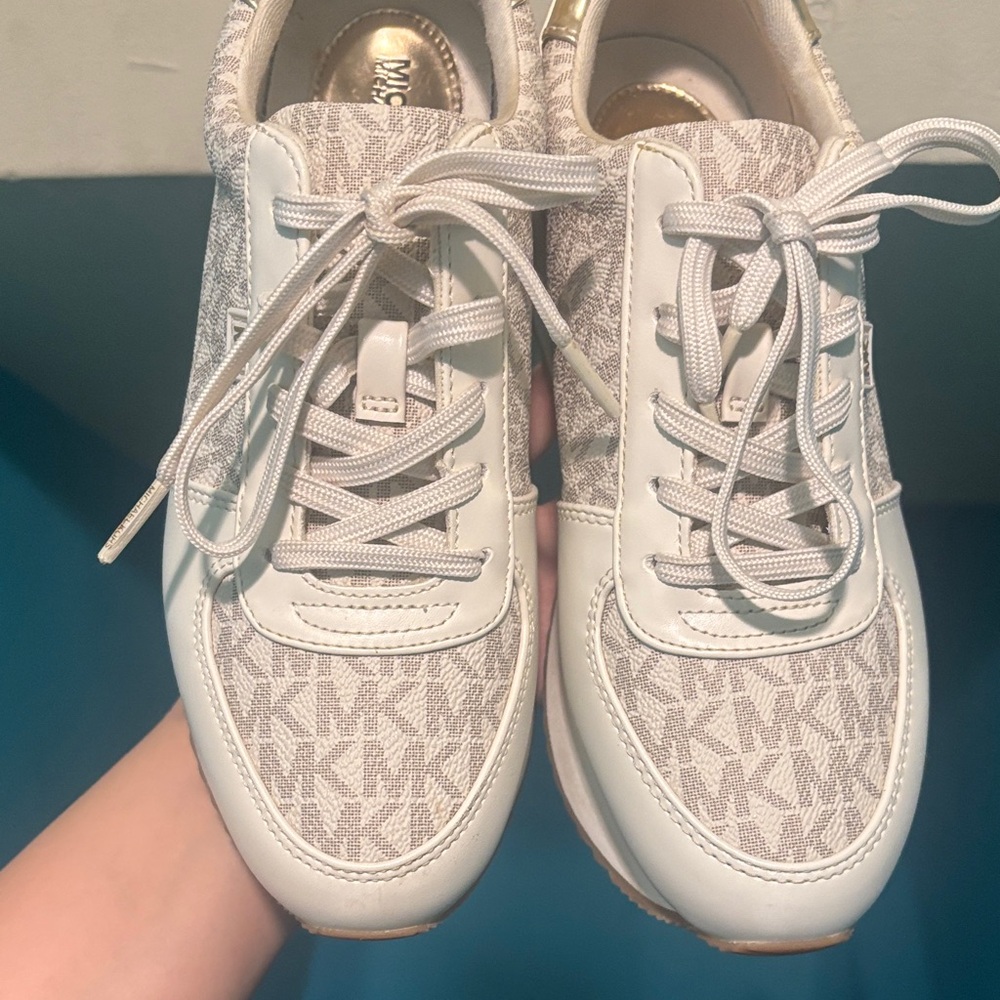 Michael Kors Cream and Gold Logo Wedge Sneakers - Picture 4 of 8